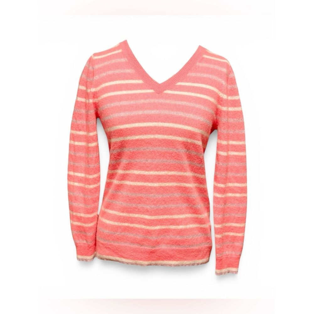 Cashmere Charter Club Cashmere Striped Vneck Sweater Coral Pink Gray White XL